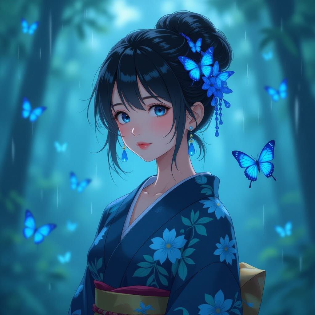 Anime Portrait of Woman with Butterflies in Rainy Forest