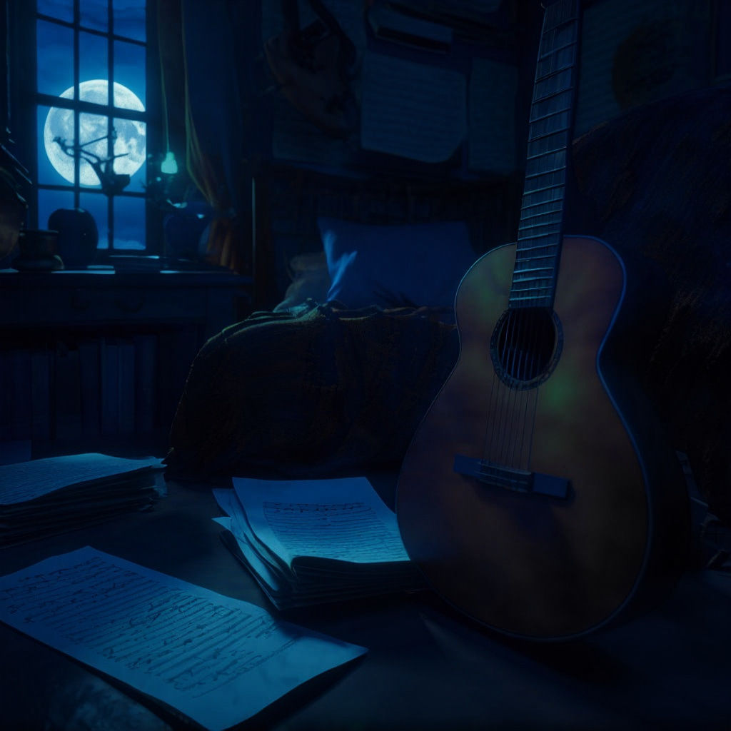 Album Cover Art: Guitar and Lyrics at Night