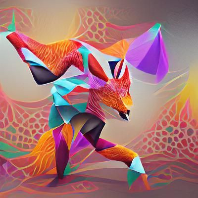 Whimsical Fox Creature Dancing: Low Poly Ink Drawing