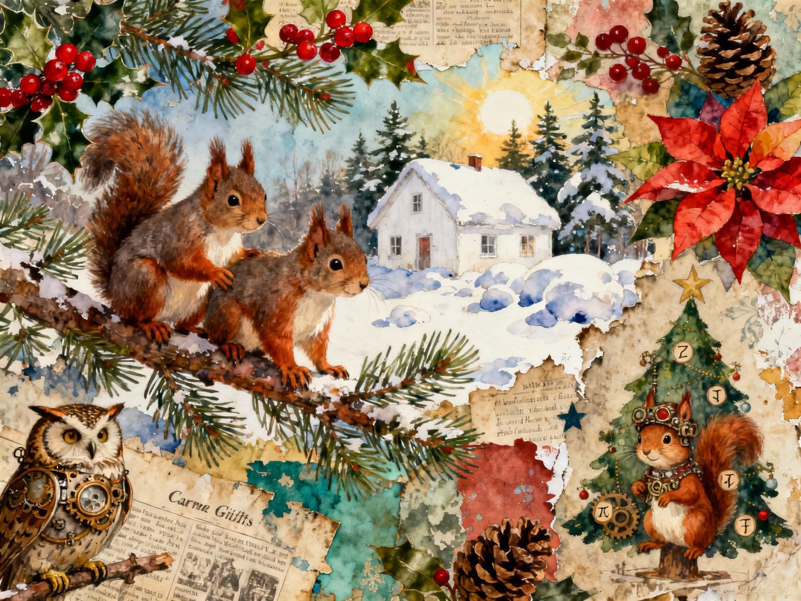 Steampunk Christmas Scene with Squirrels and Owl
