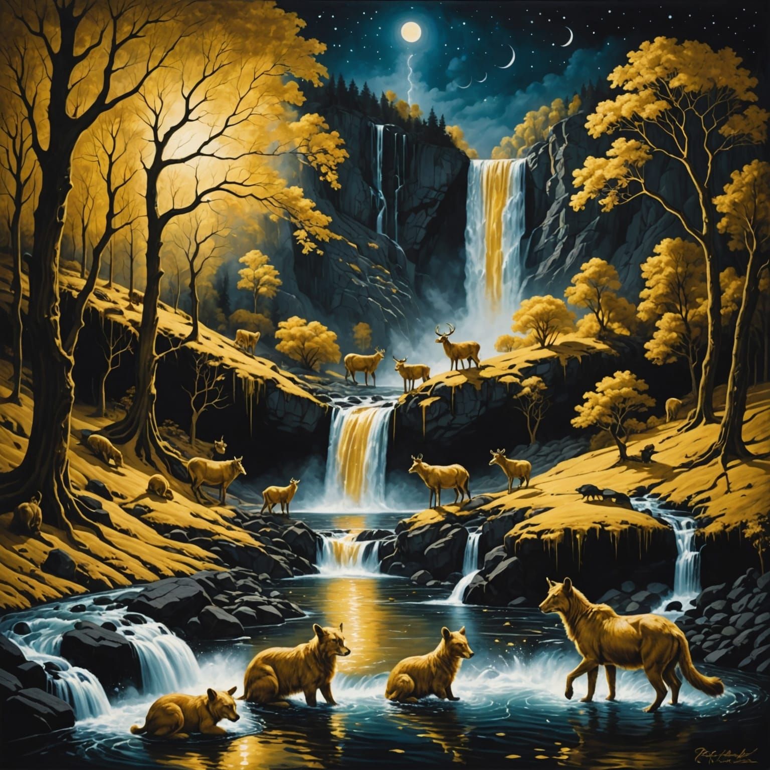 Surreal Golden River Dreamscape With Animals