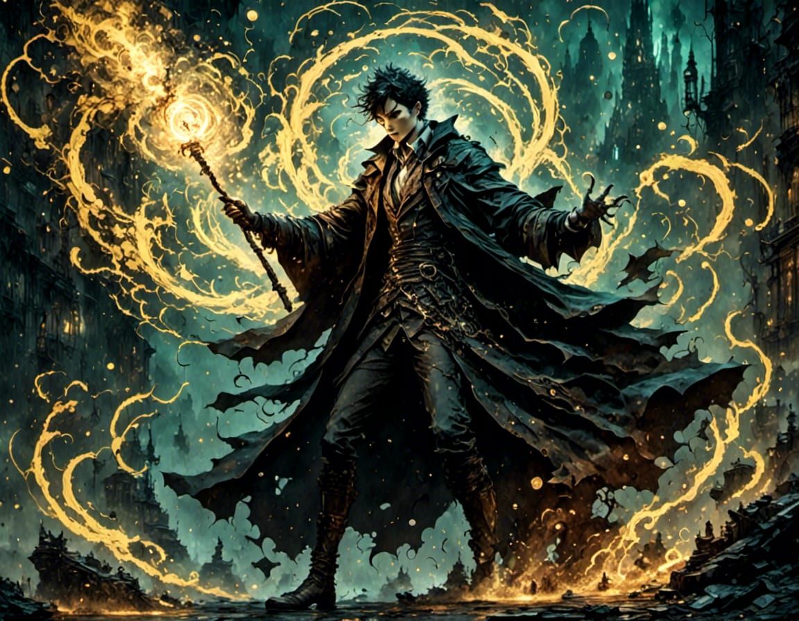 Ancient Mage Casting Spell in Cyberpunk Style