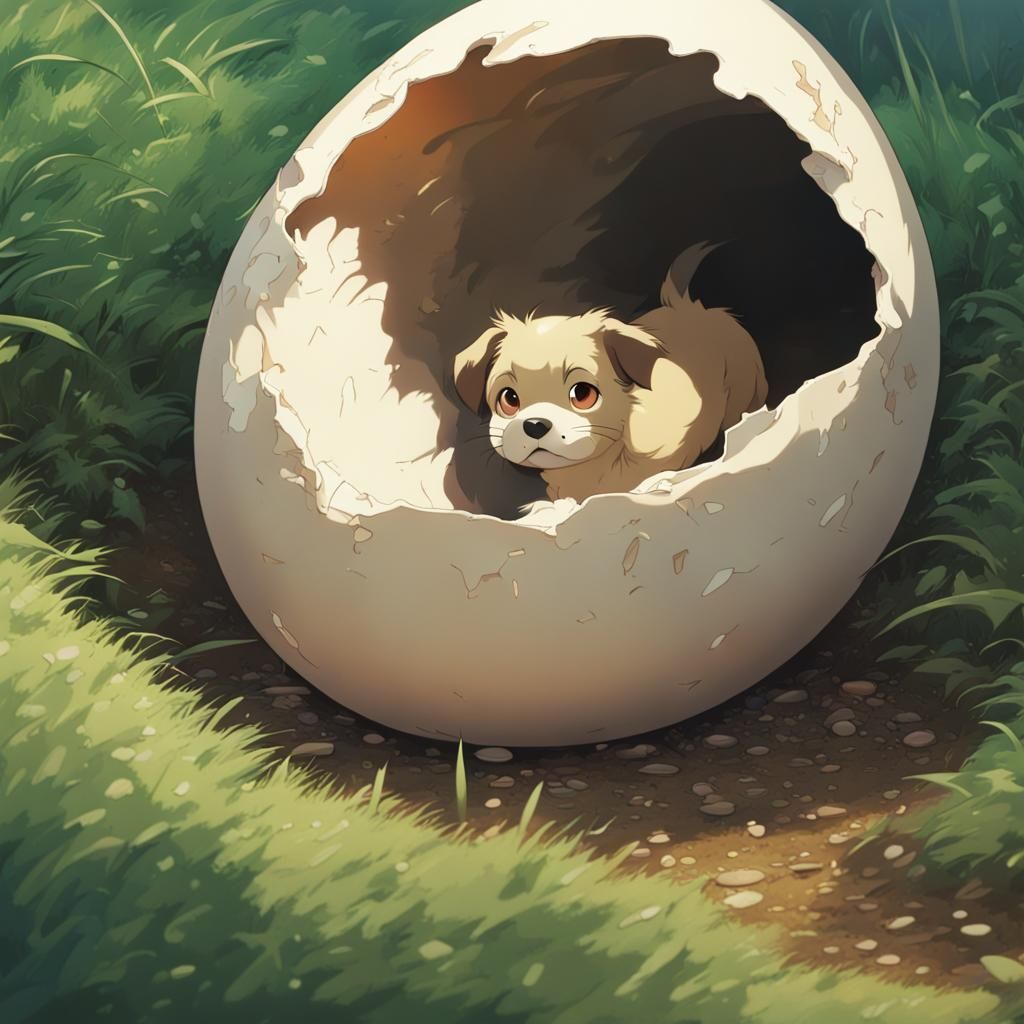 Dog Emerges From Eggshell in Anime Style