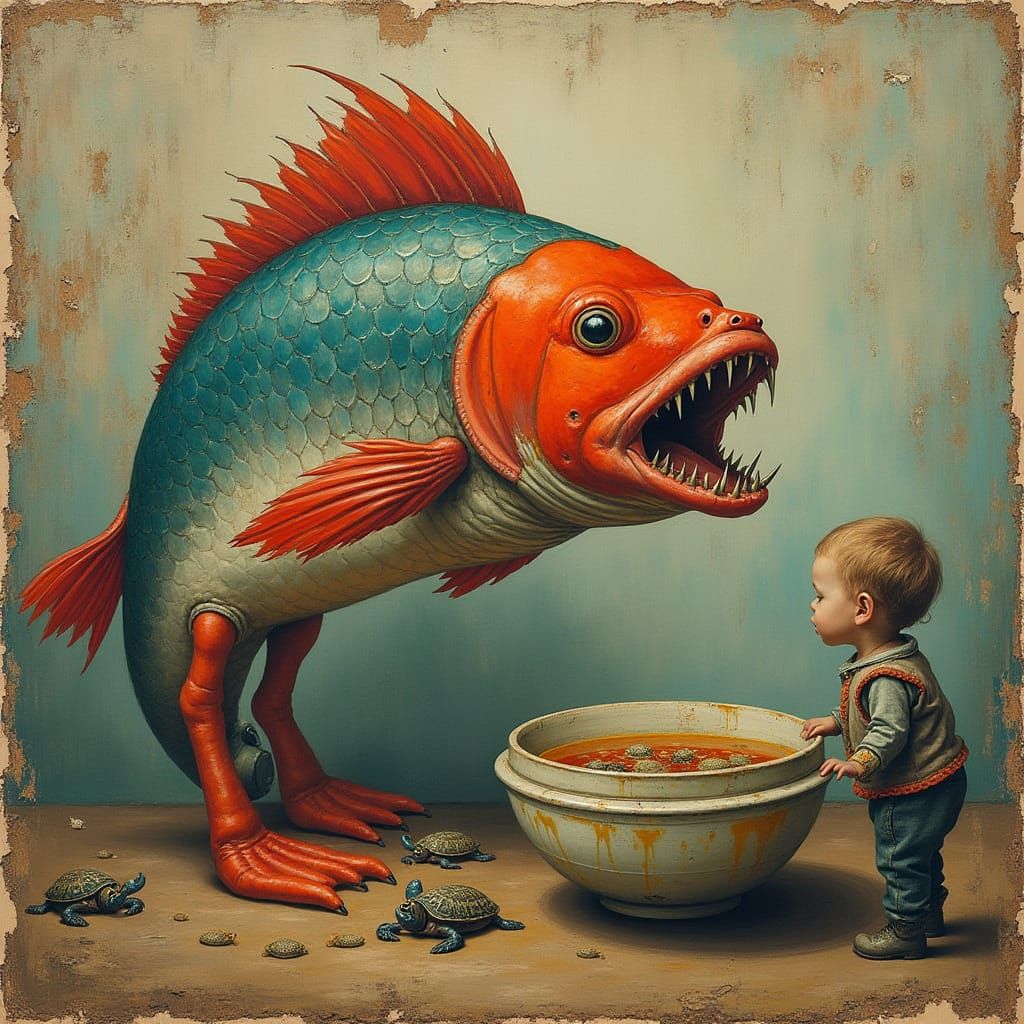 Detailed Fish Painting in Soup Bowl with Curious Kid
