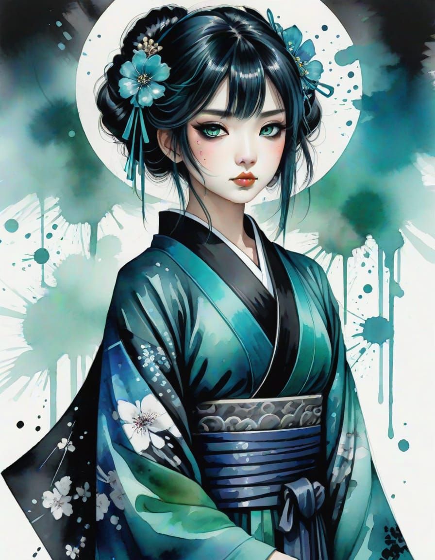 Gothic Anime Geisha in Watercolor Style