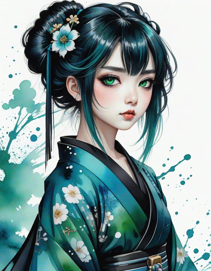 Gothic Geisha in Anime Watercolor Style