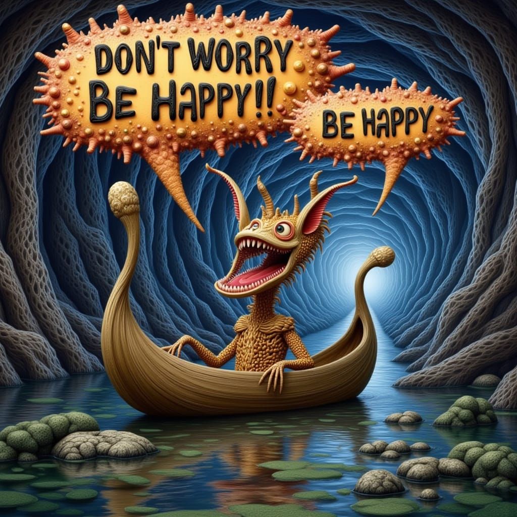 Hallucinating Alien's Cheerful River Ride in Surreal Style