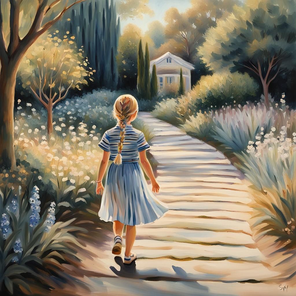 Girl on Garden Path: Whimsical Impressionist Oil Painting