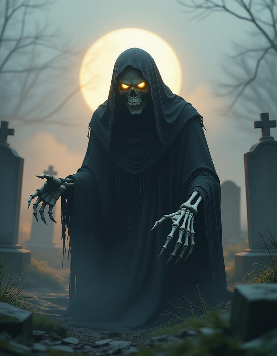 Spectral Ghoul Haunts Foggy Graveyard