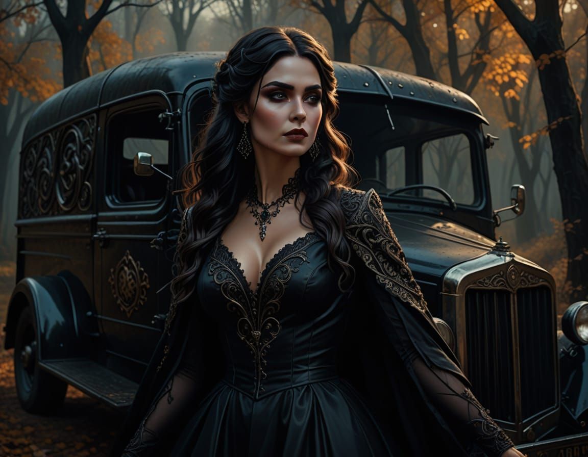 Classy Woman Posing with Gothic Truck in Autumn Forest