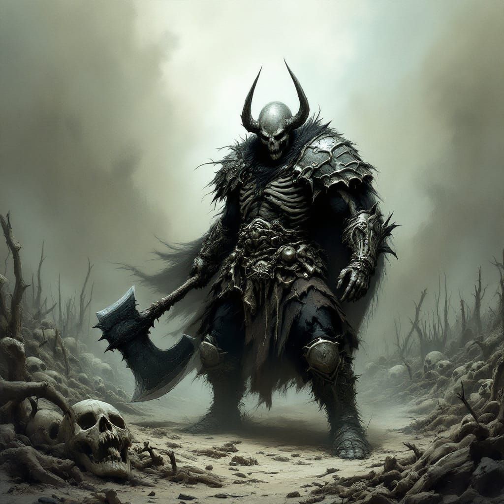Grim Warrior in Bone Armor Wields Spectral Axe