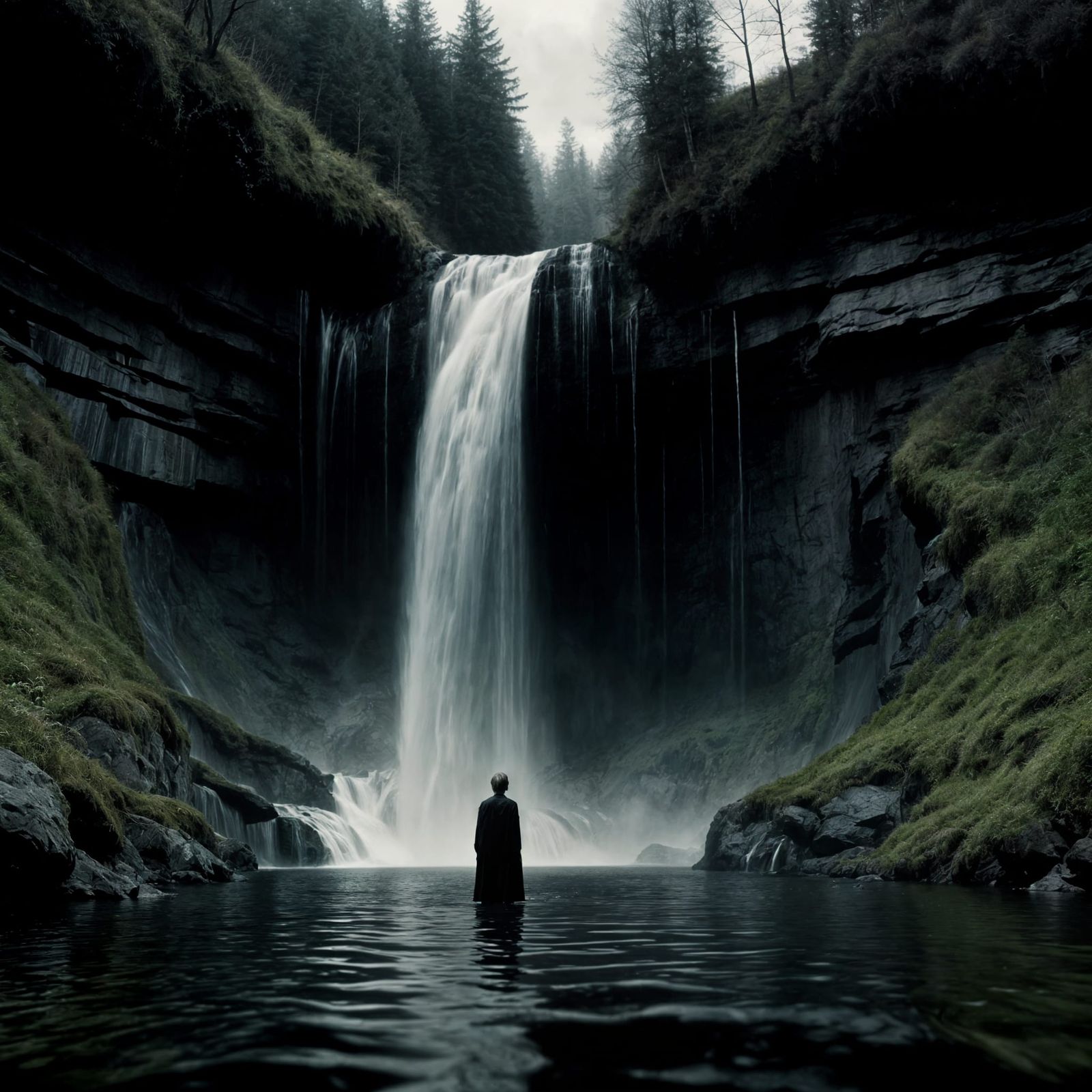 Sinister Waterfall in Void Lake: Cinematic Horror