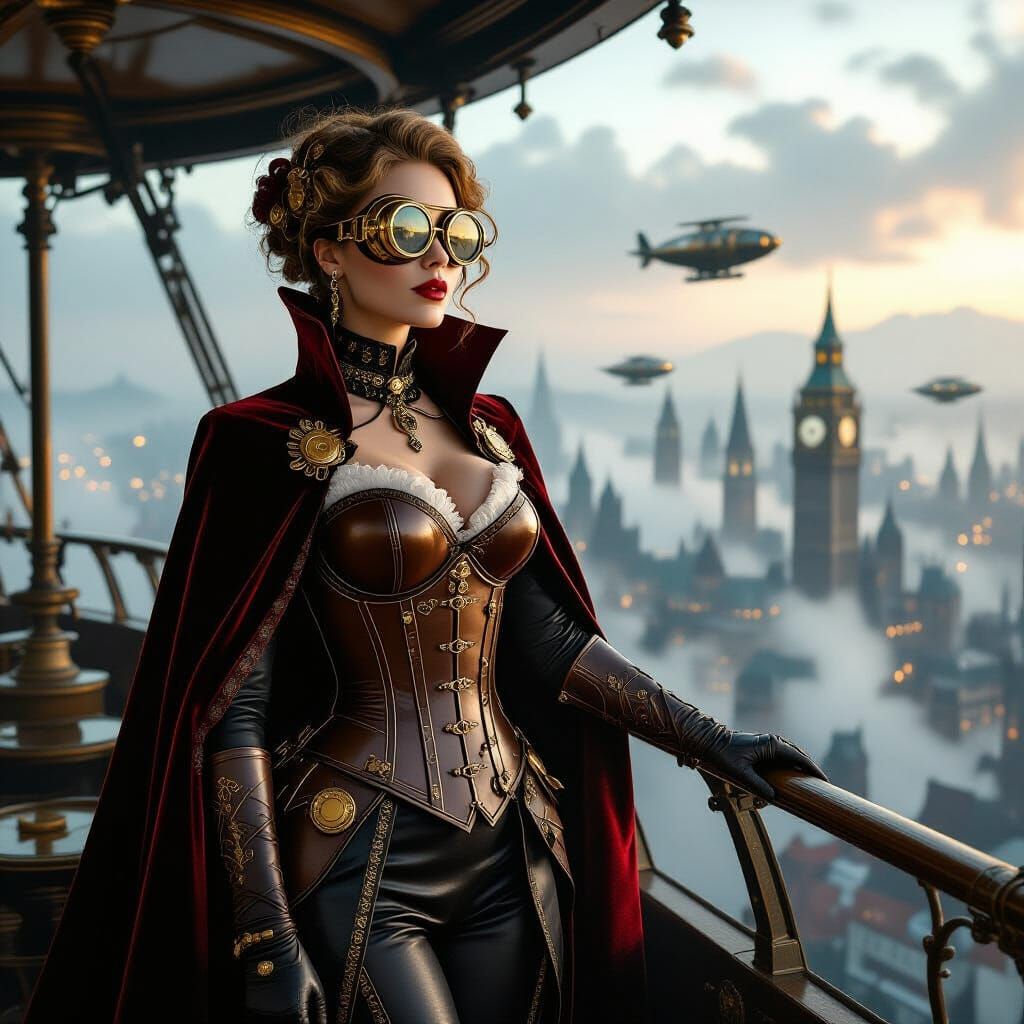 Steampunk Woman on Dirigible Over Victorian City