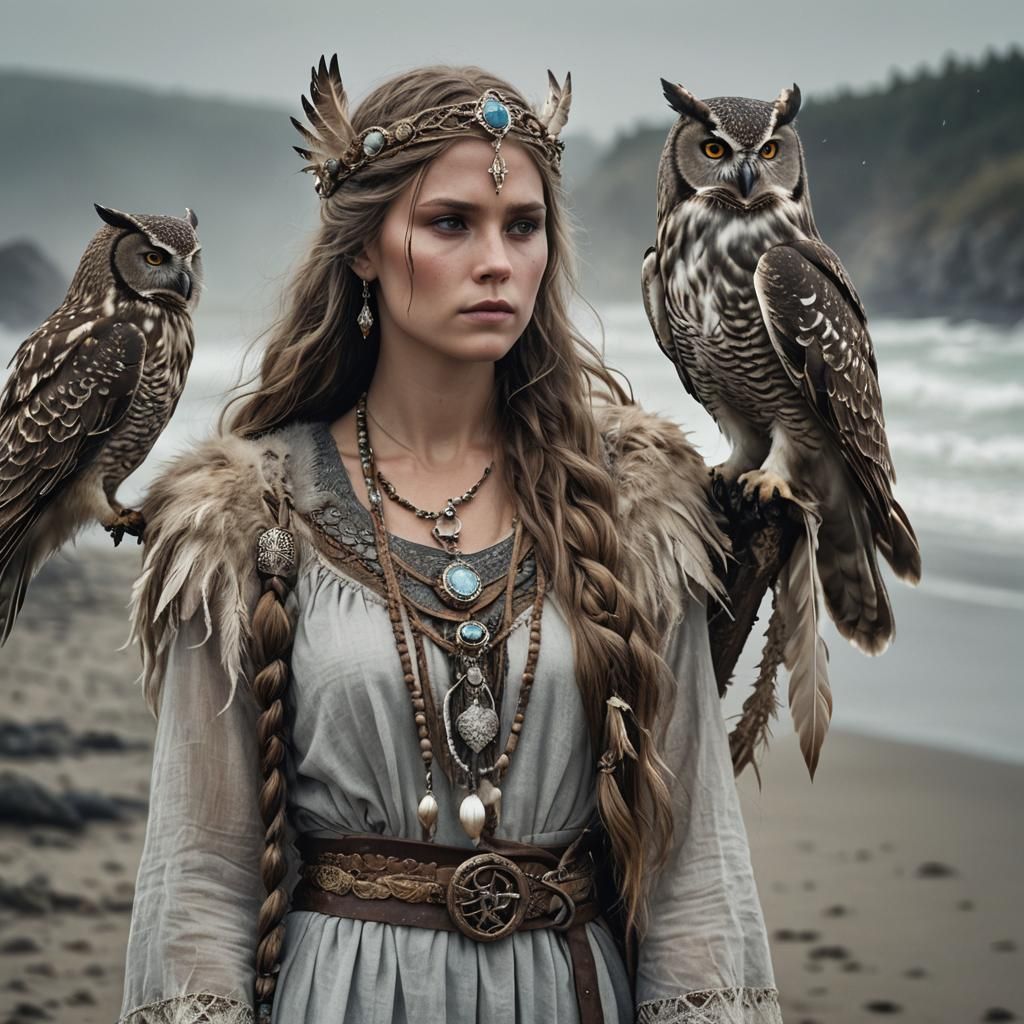 viking woman braided very long hair festive jewelry feathers