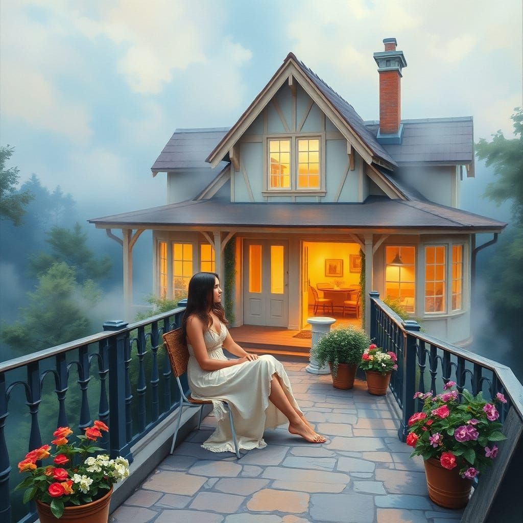 Ethereal Terrace Scene in Gouache Style