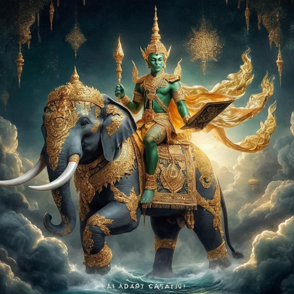Thai Man with Green Body Rides Elephant: Cinematic Art