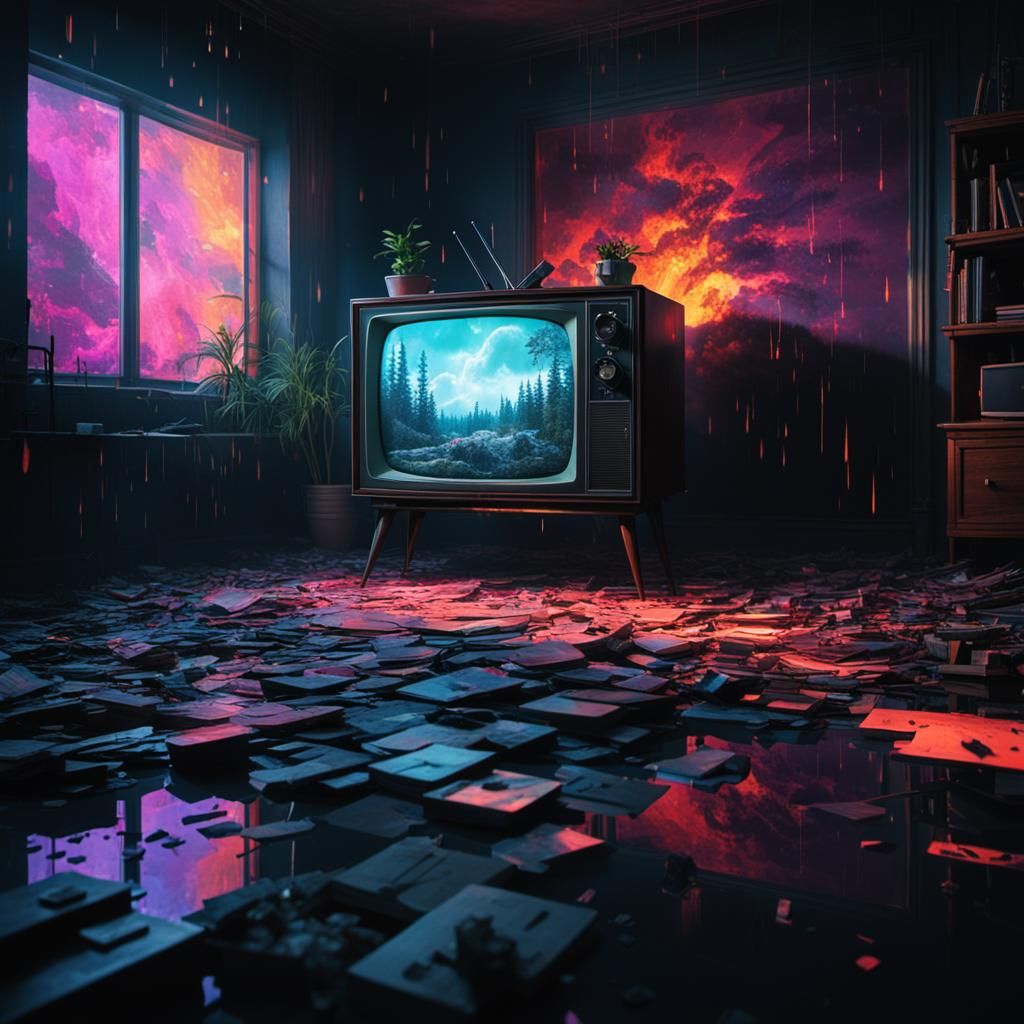 Glitch Art: Static Pours From TV in Dark Room