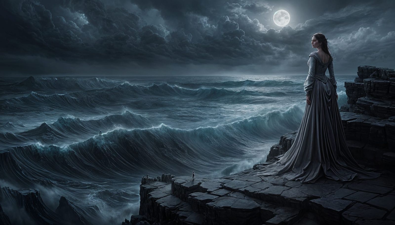 Noblewoman Overlooking Stormy Sea: Dark Fantasy Digital Art