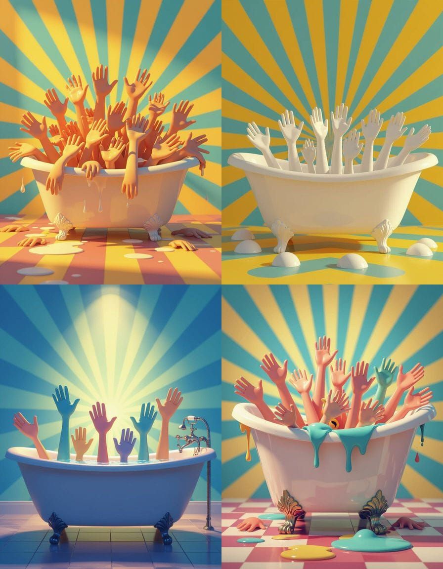 Bathtub Overflowing With Disembodied Hands in 3D Art Style
