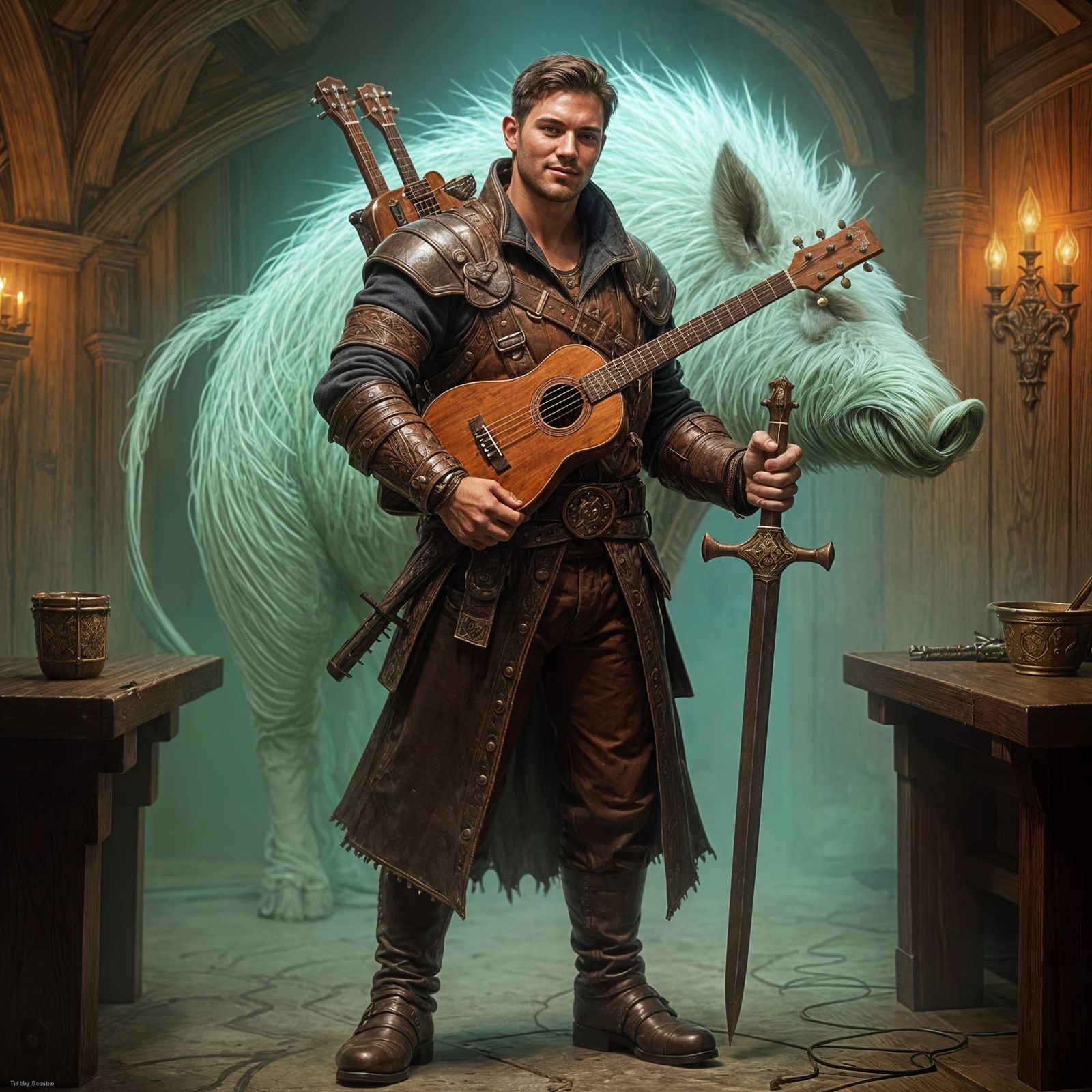 Charismatic Troubadour with Spectral Boar in Tavern