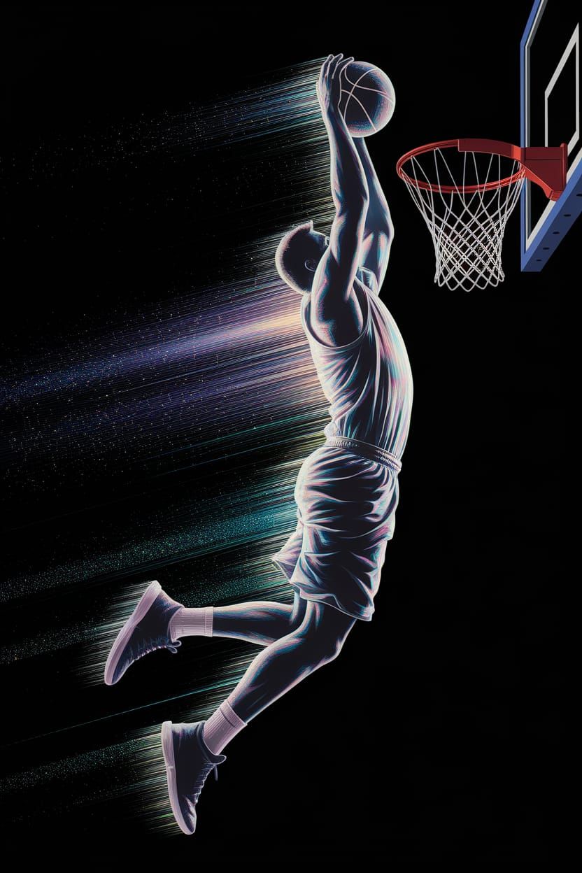 Basketball Player Slam Dunk in Pointillist Cubist Style