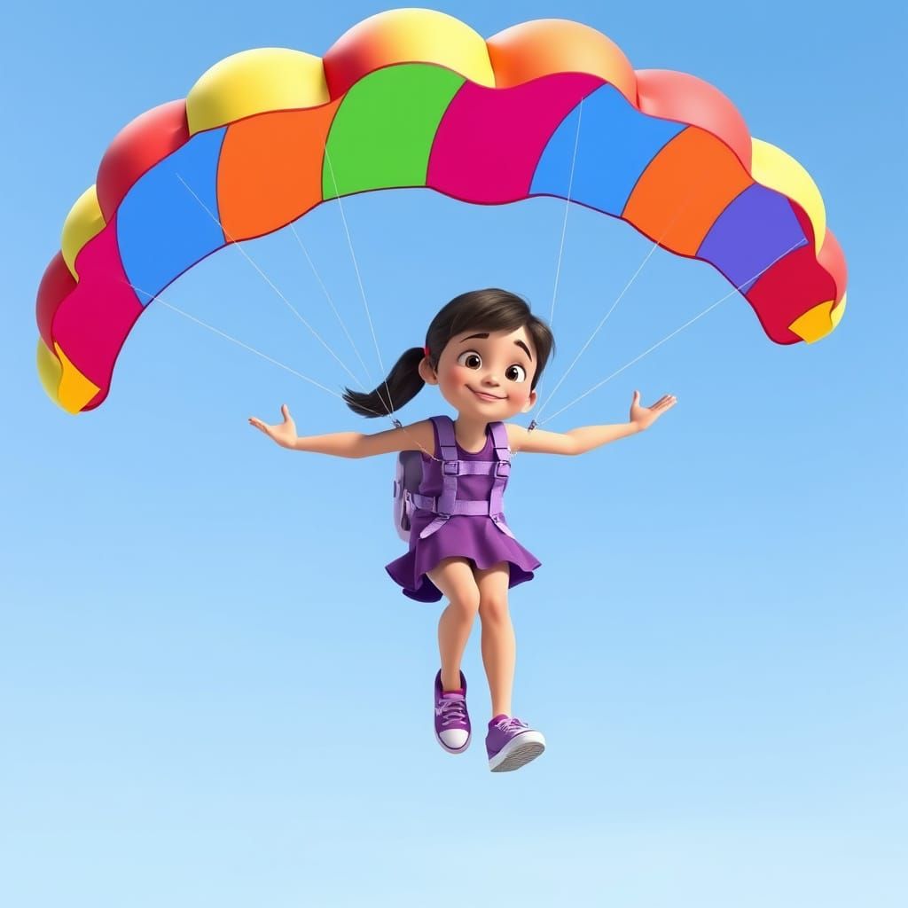Girl with Striped Parachute in 3D Animated Style