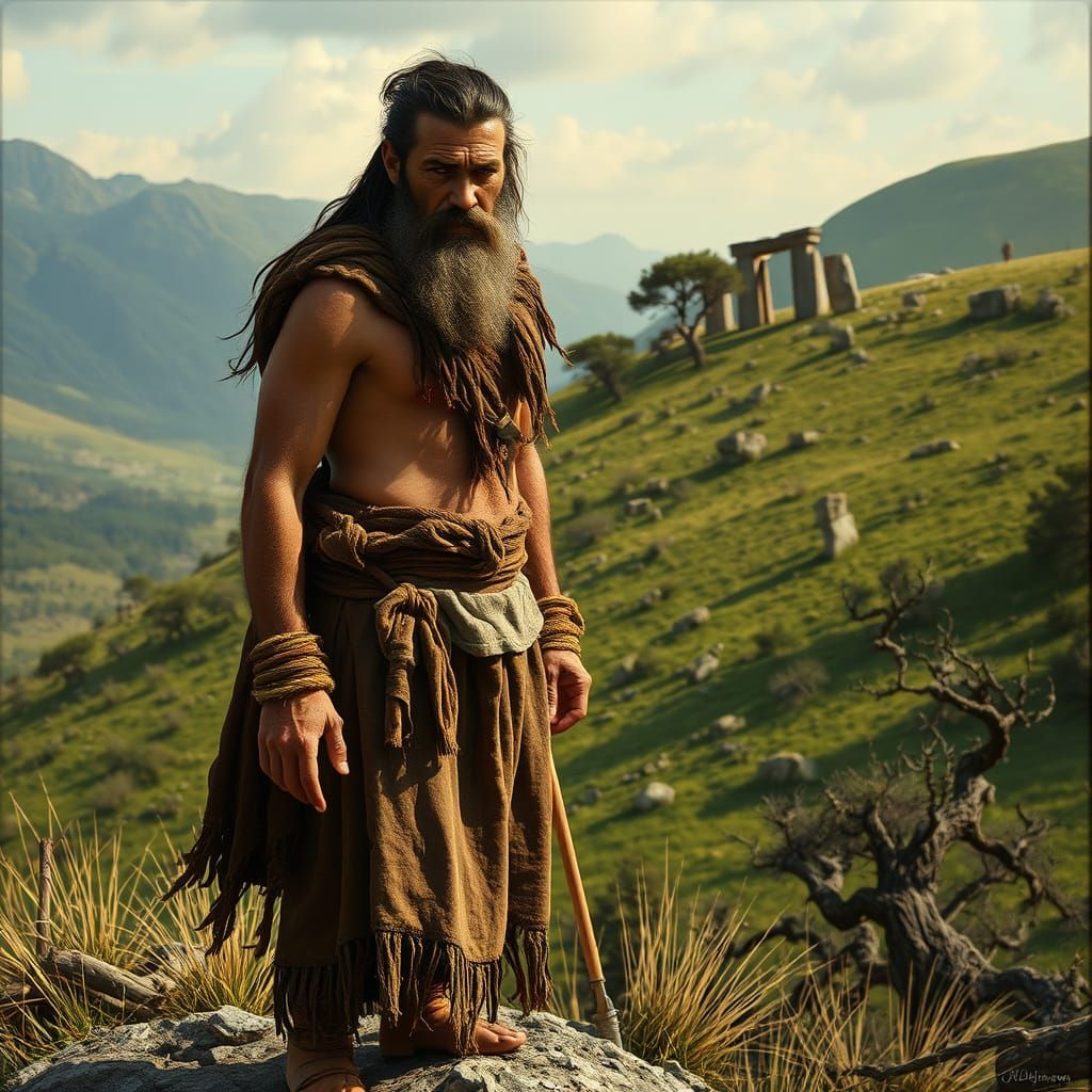 Hyper-Realistic Neolithic Man in Primal European Landscape