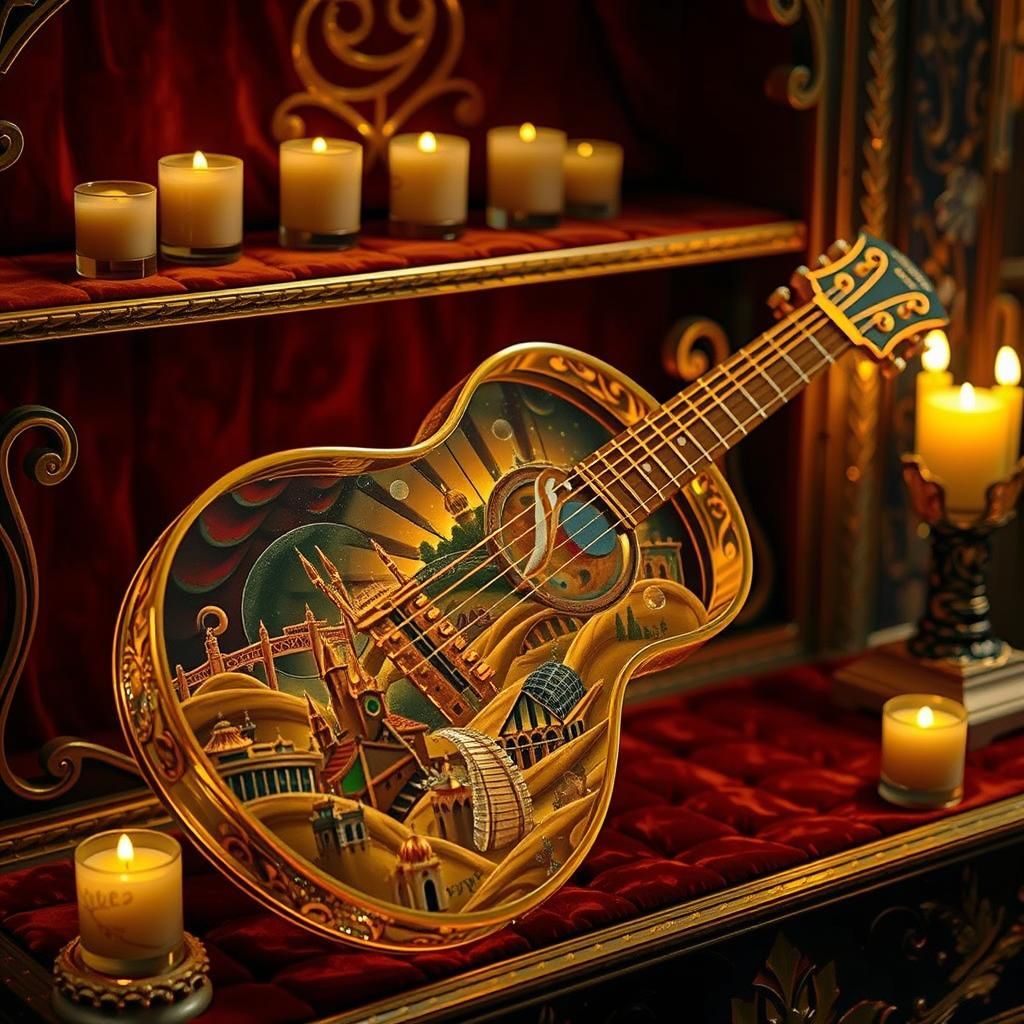 Golden Glass Guitar with Miniature World Inside
