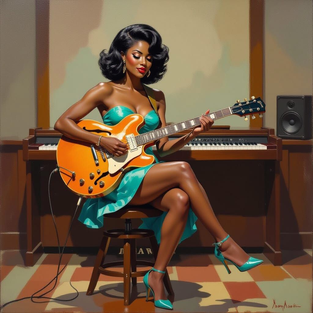 Black Woman Playing Guitar in 1960s Studio