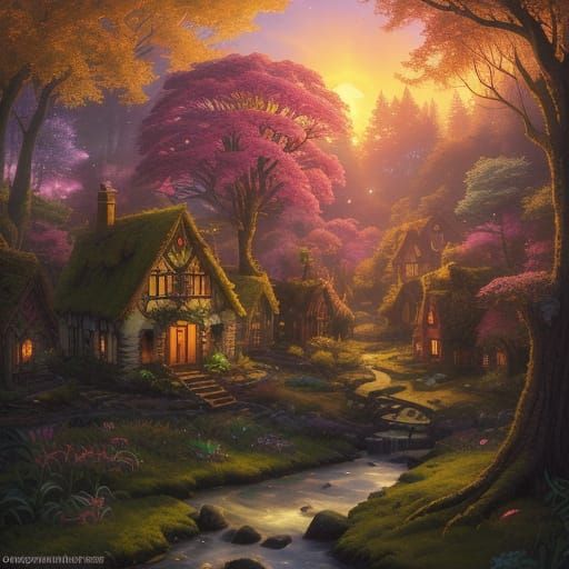 Fairy Village in Colorful Sunset, Ethereal Fantasy Art