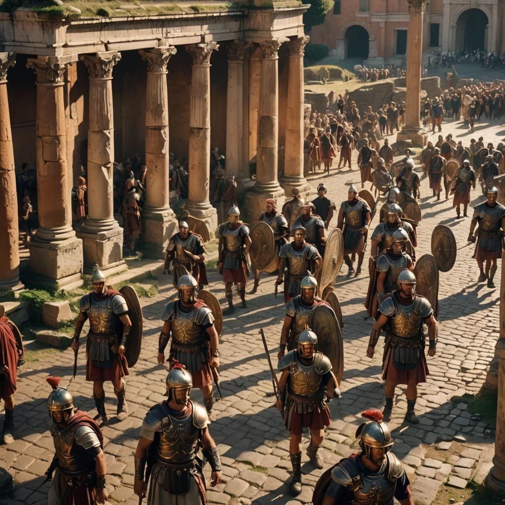 Roman Legionnaires Marching Through Ancient Rome