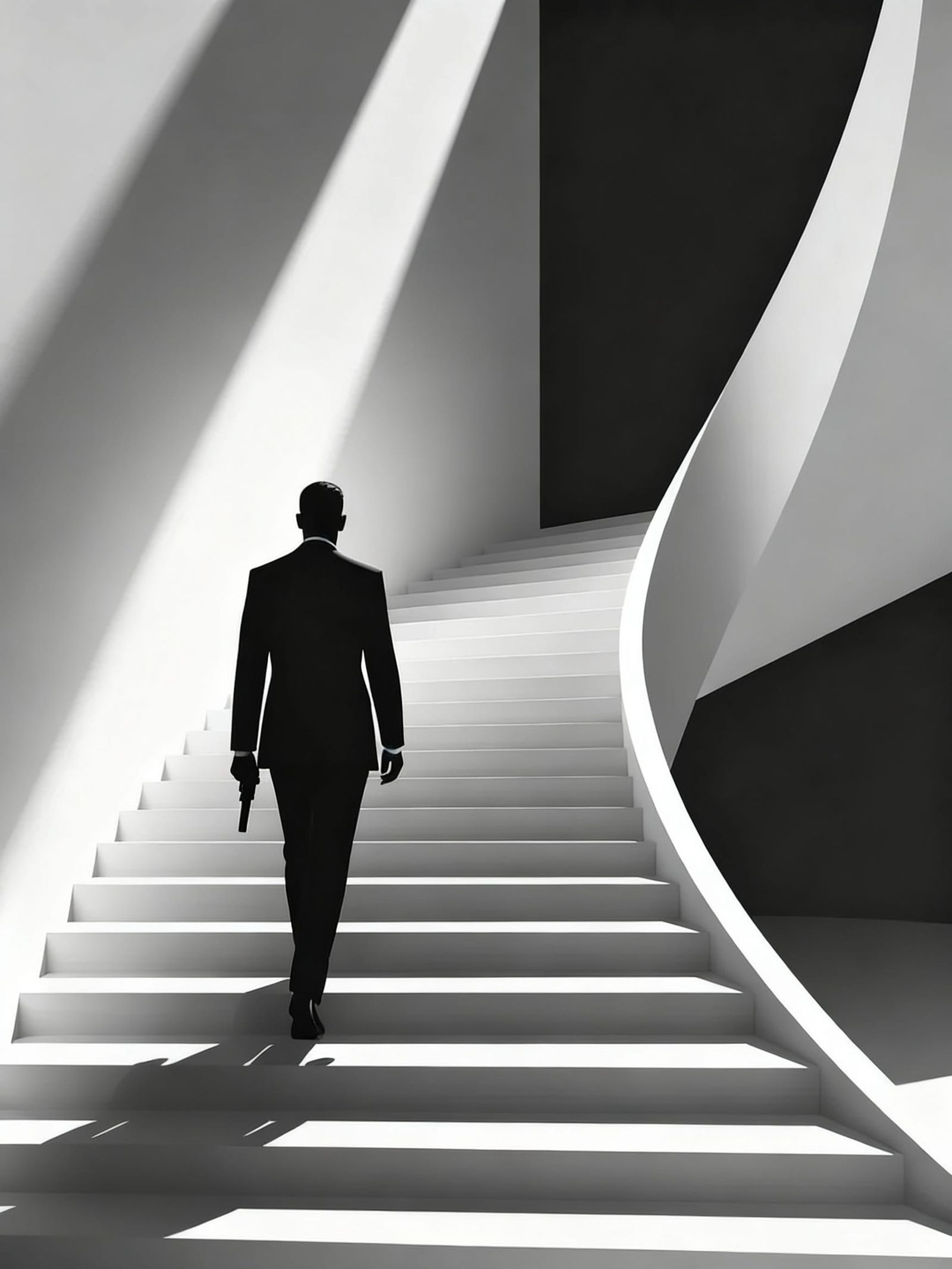 Elegant Spy Descends White Stairwell in Noir Style