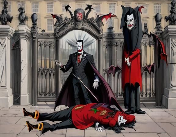 Extreme wide shot of (one traditional cartoon vampire:5.0) w...