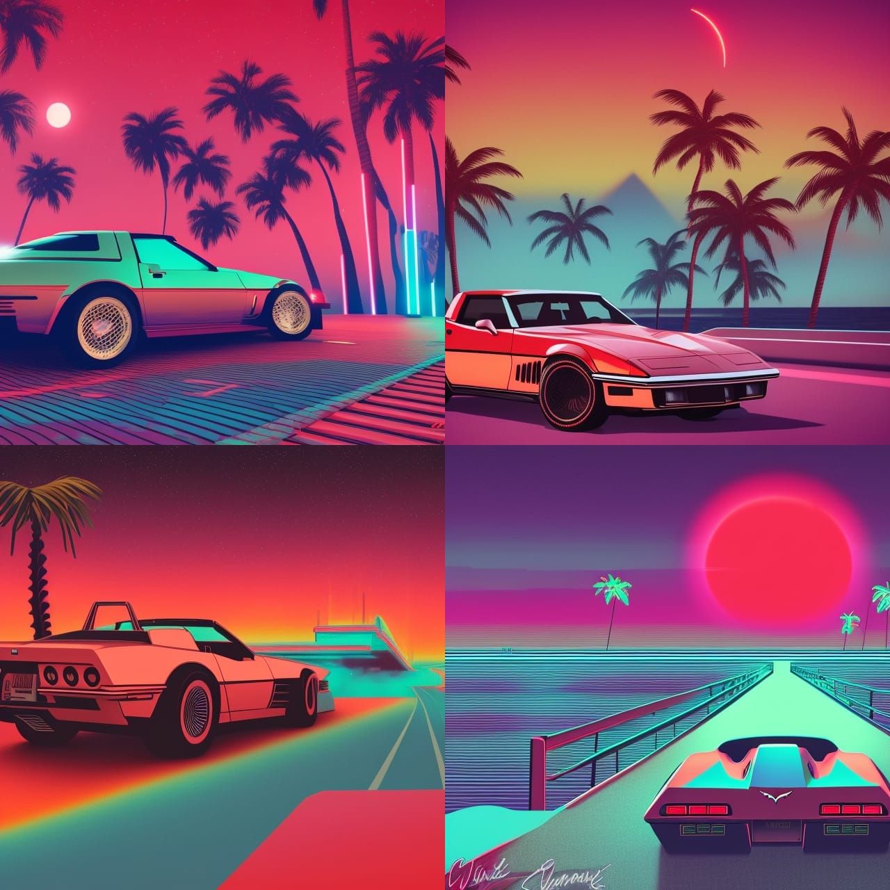 Red Corvette, Synthwave, Retro Boardwalk Scene