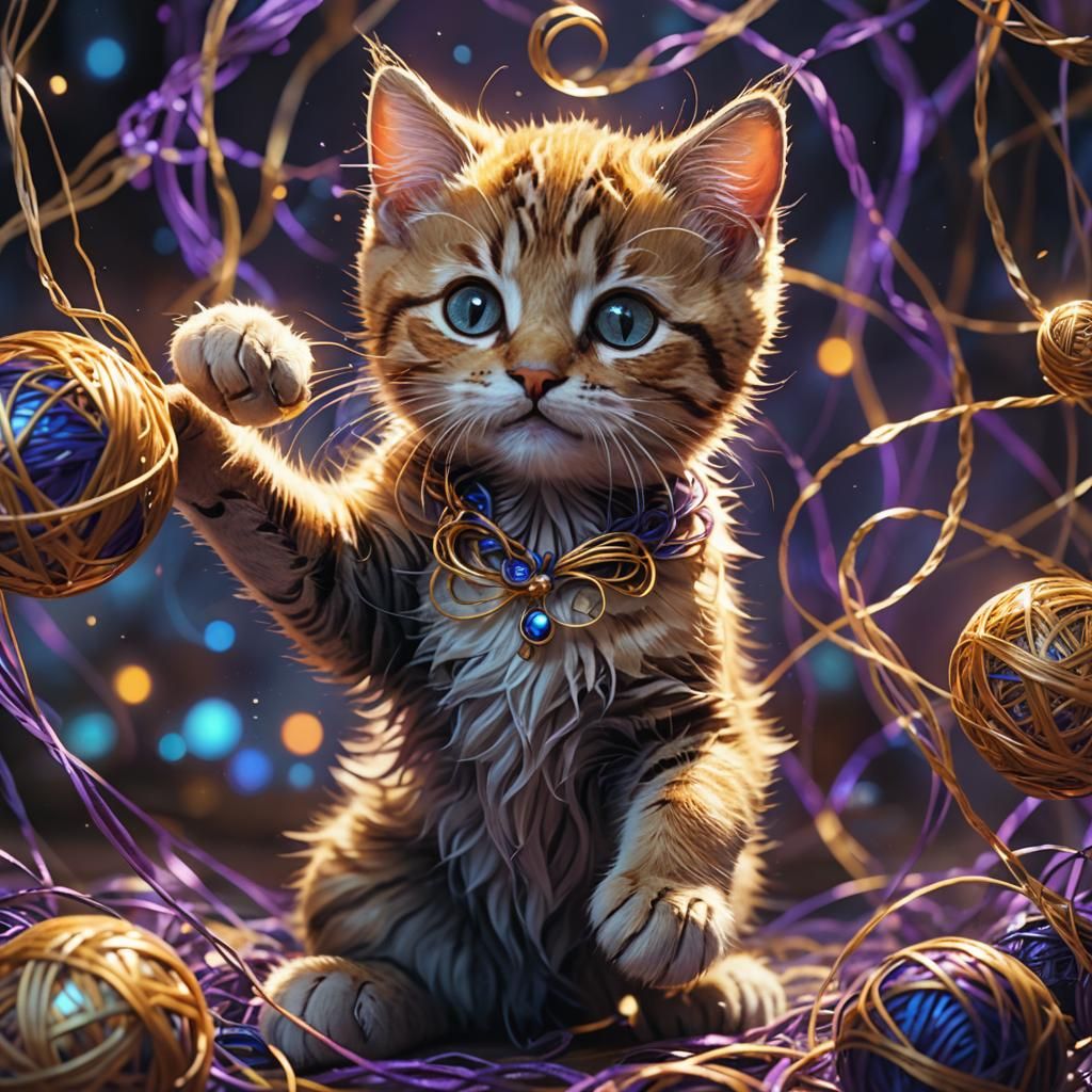 Kitten Playing with String in Whimsical Fantasy Style