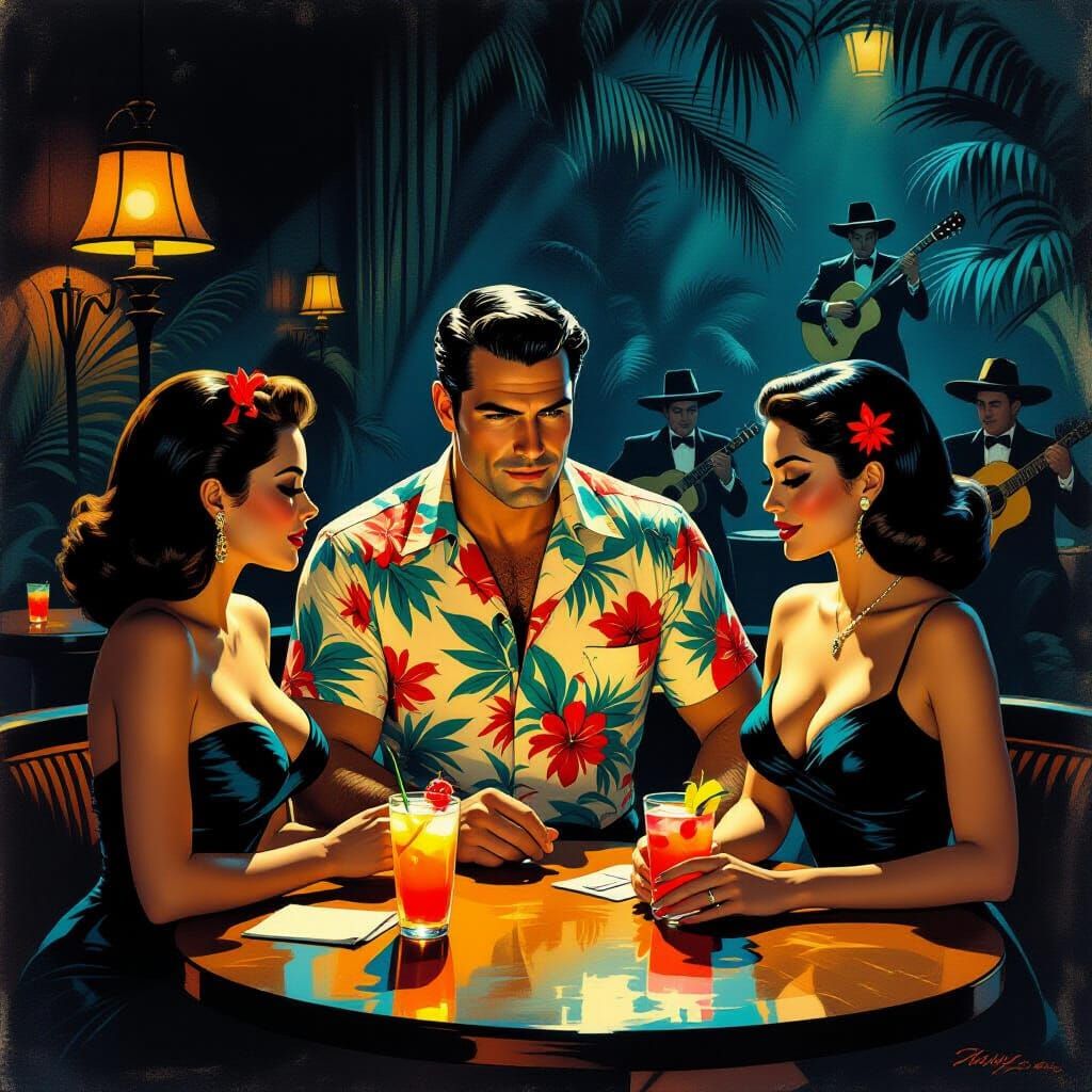Film Noir Detective in Tiki Lounge, Pulp Art
