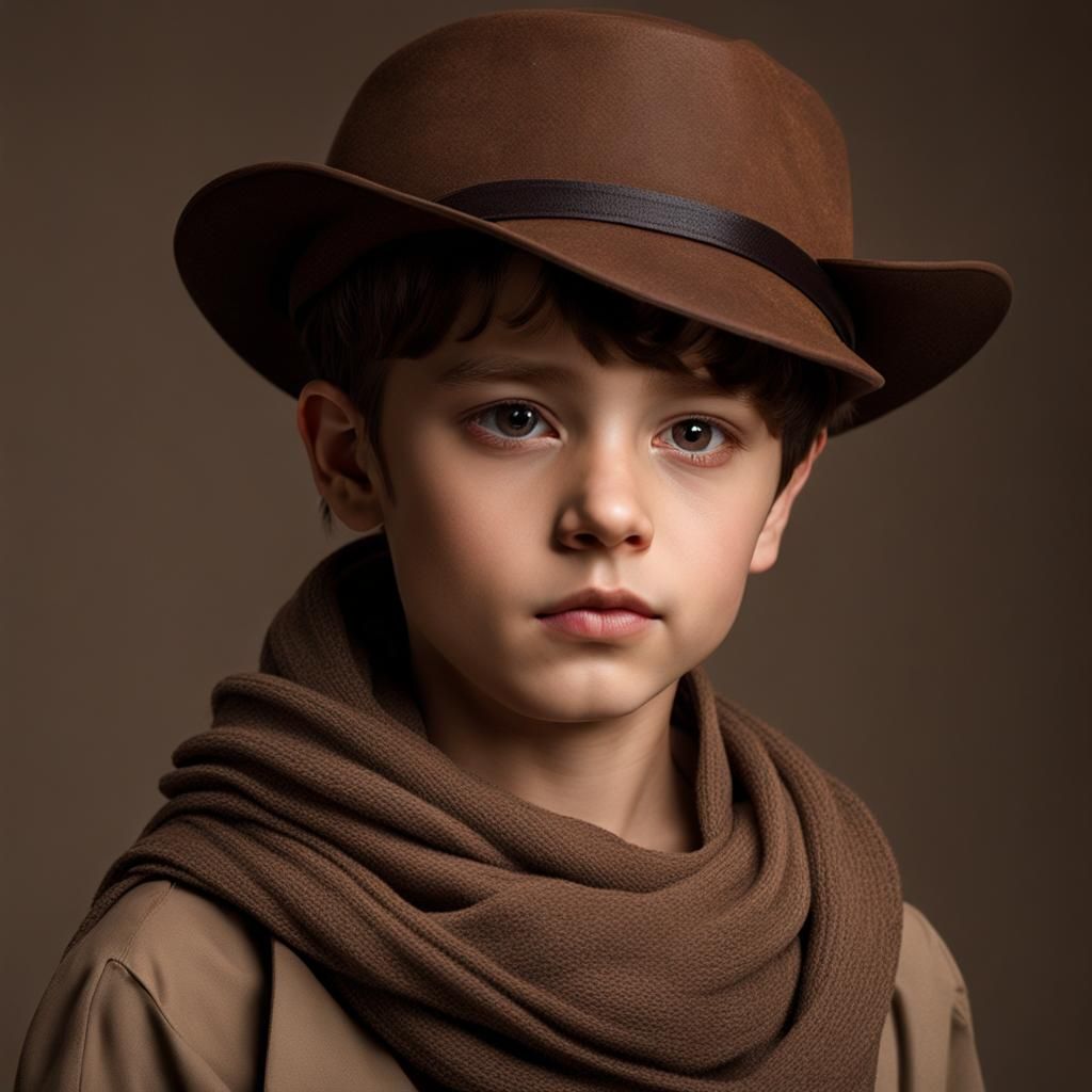 Boy with Brown Hair, Hat, and Eye Bandage