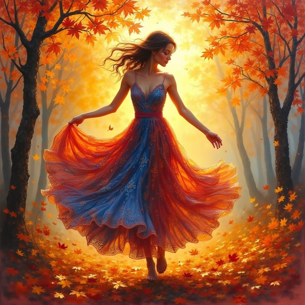 Dreamy Woman in Autumn Forest with Vibrant Colors