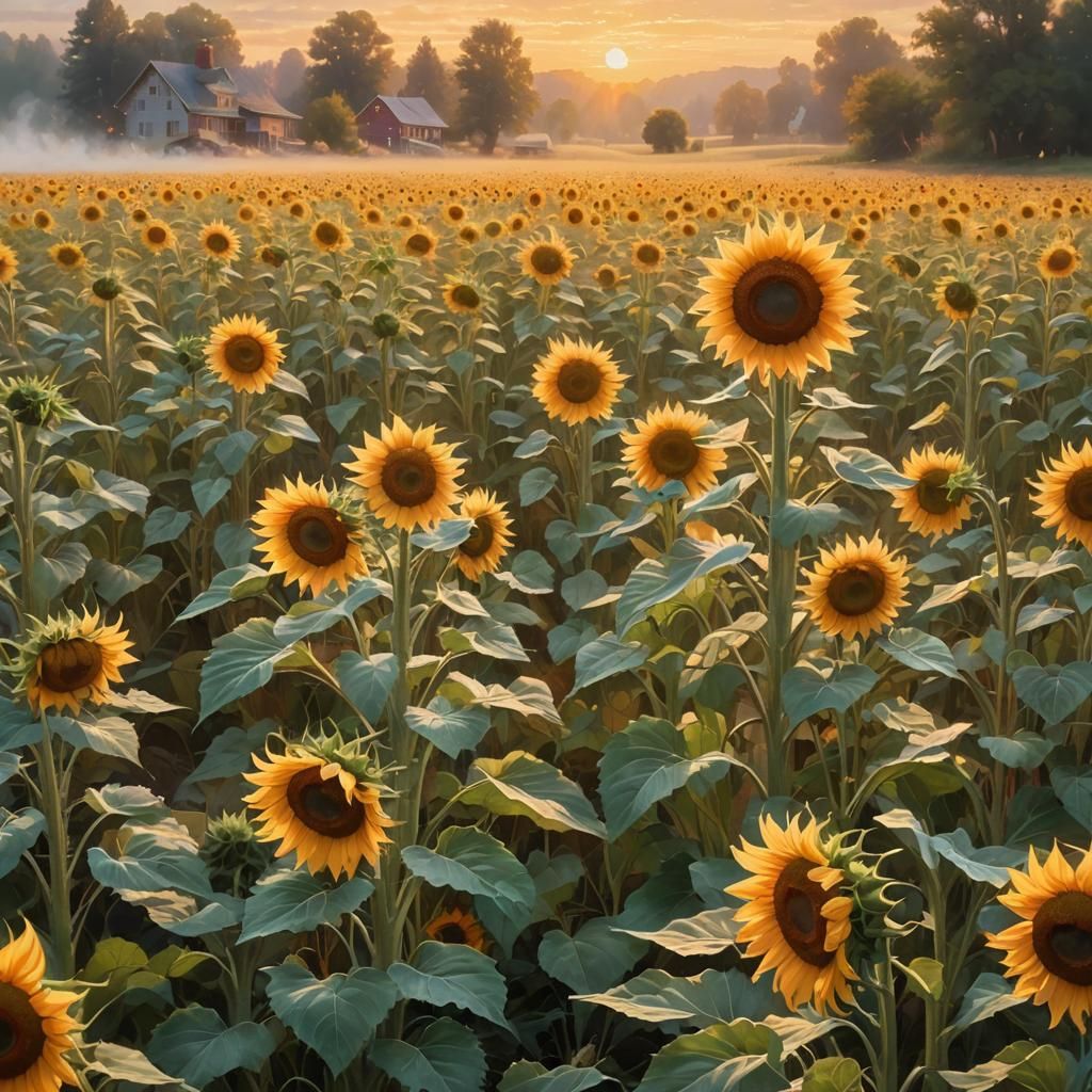 Ethereal Sunflower Field at Sunset in Fantasy Style