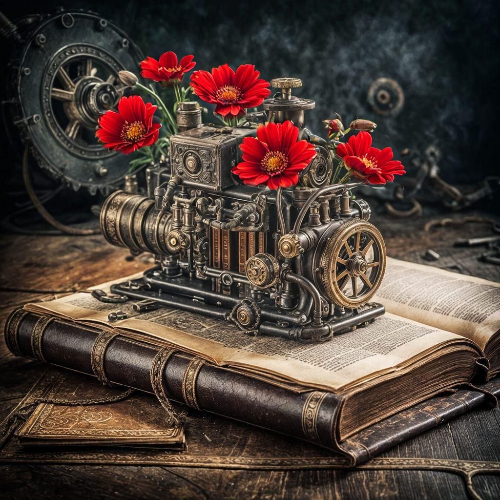 Steampunk Engine and Flowers in Old Book