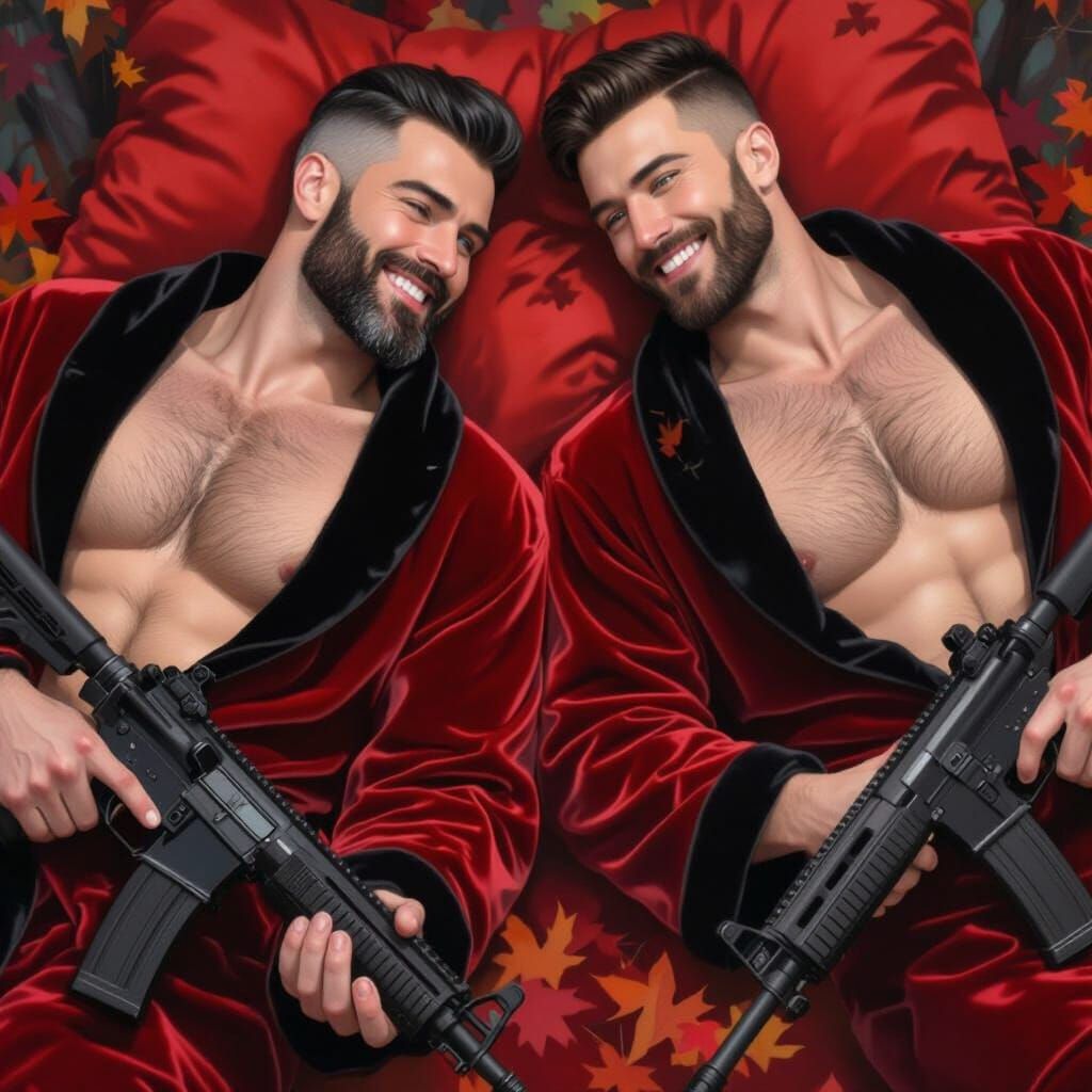 Joyous Men in Autumn Forest Portrait