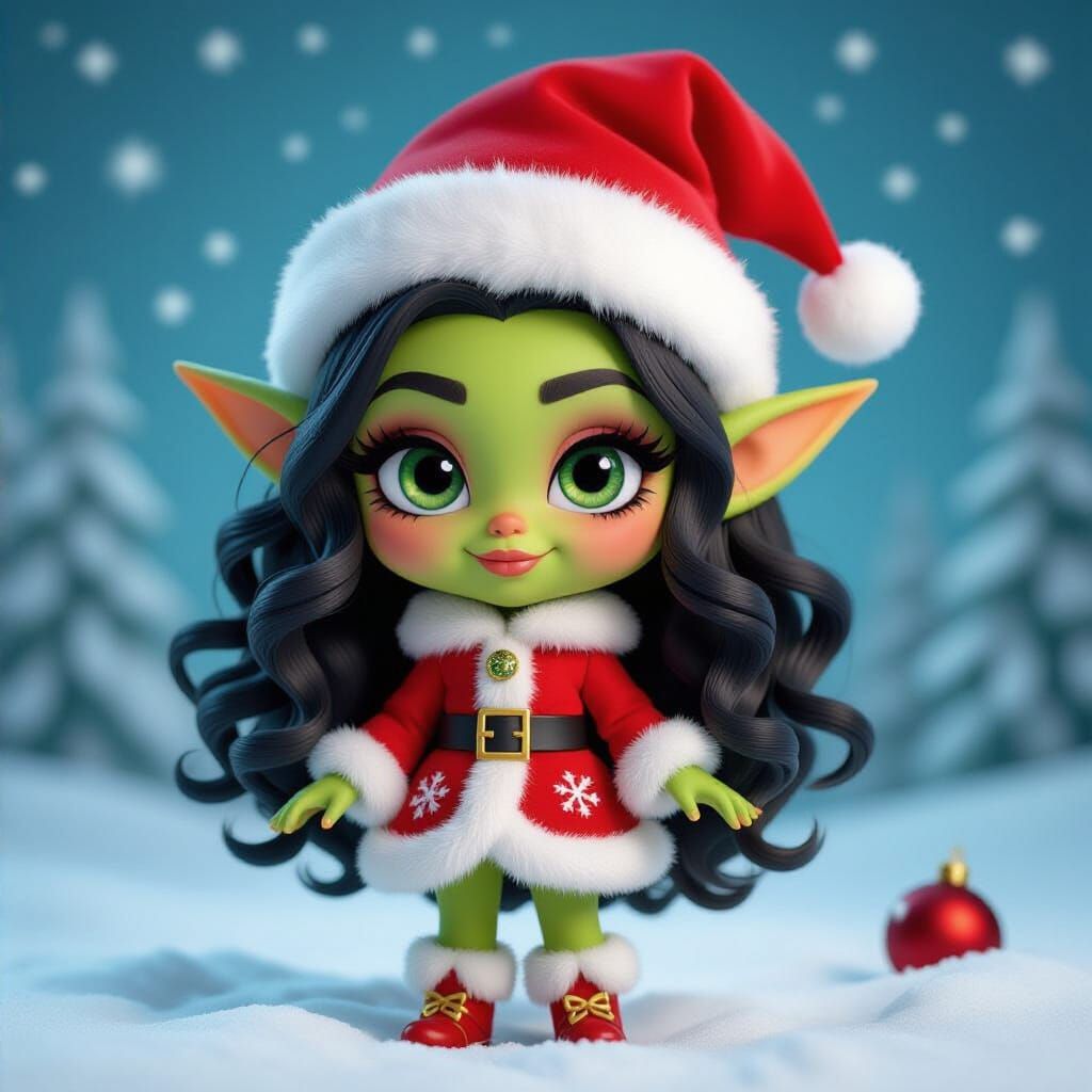 Chibi Bratz Elf with Grinch Green Skin and Festive Style