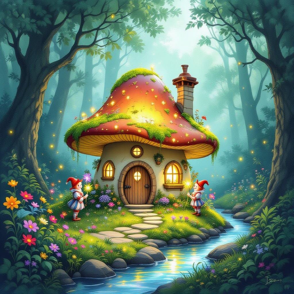 Glowing Mushroom House in Ancient Forest Watercolor Illustra...