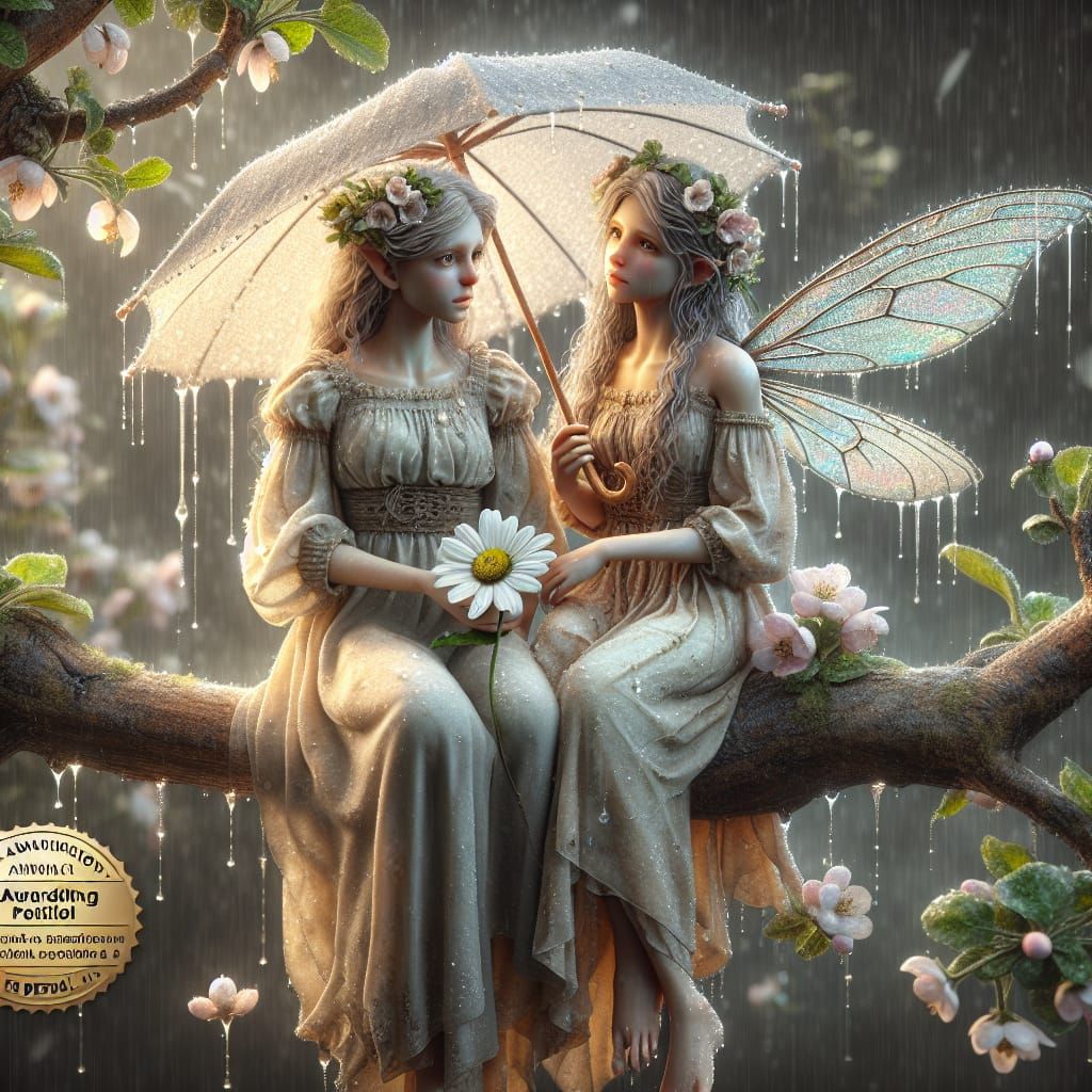 Fairies Under Daisy Umbrella in Rainy Apple Orchard