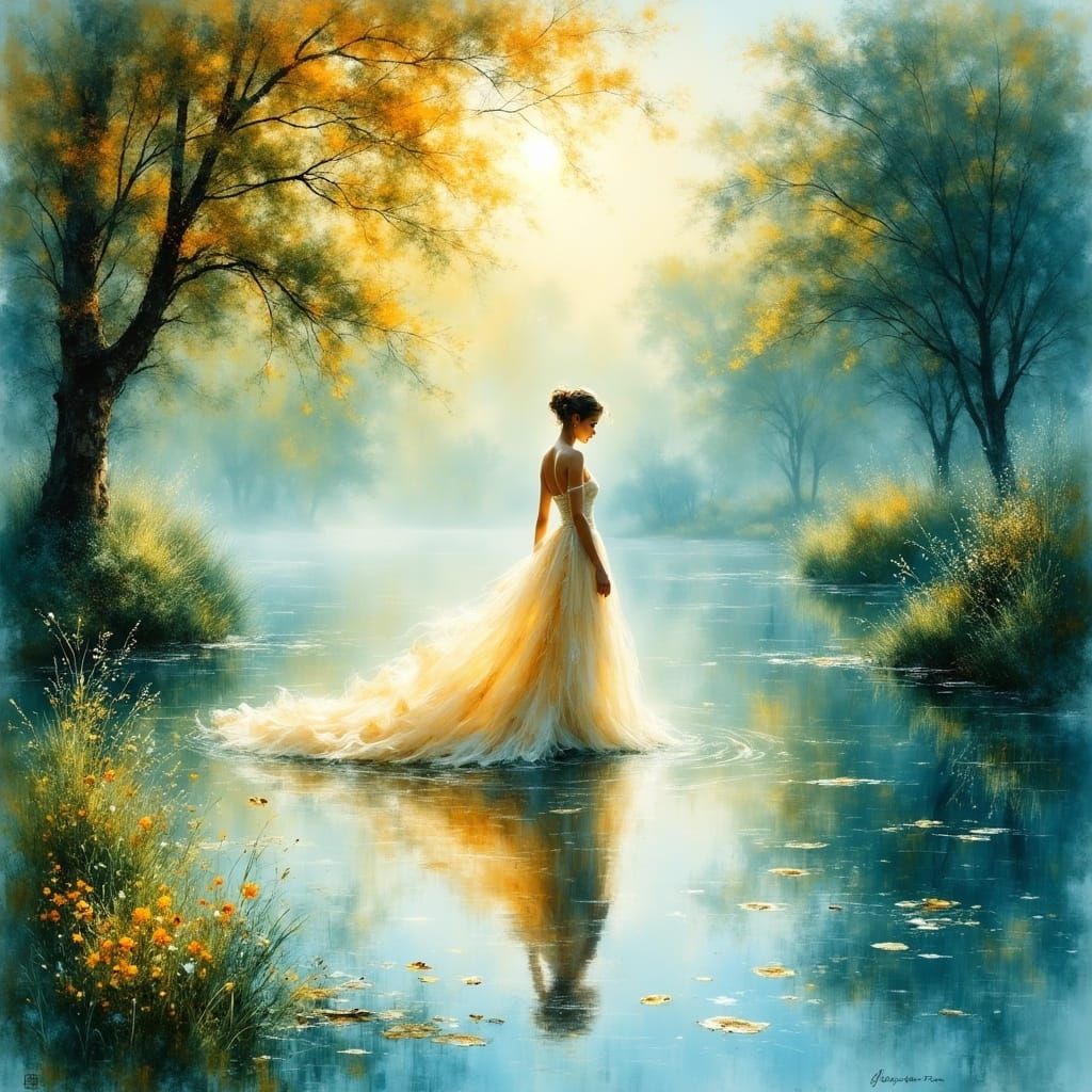 Ethereal Woman Rising from Misty Pond