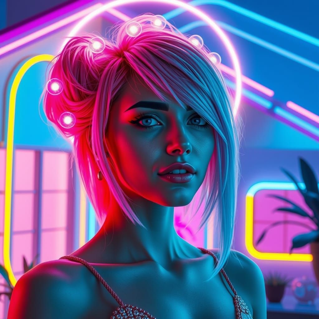 Neon Woman in Retro-Futuristic Synthwave Cityscape