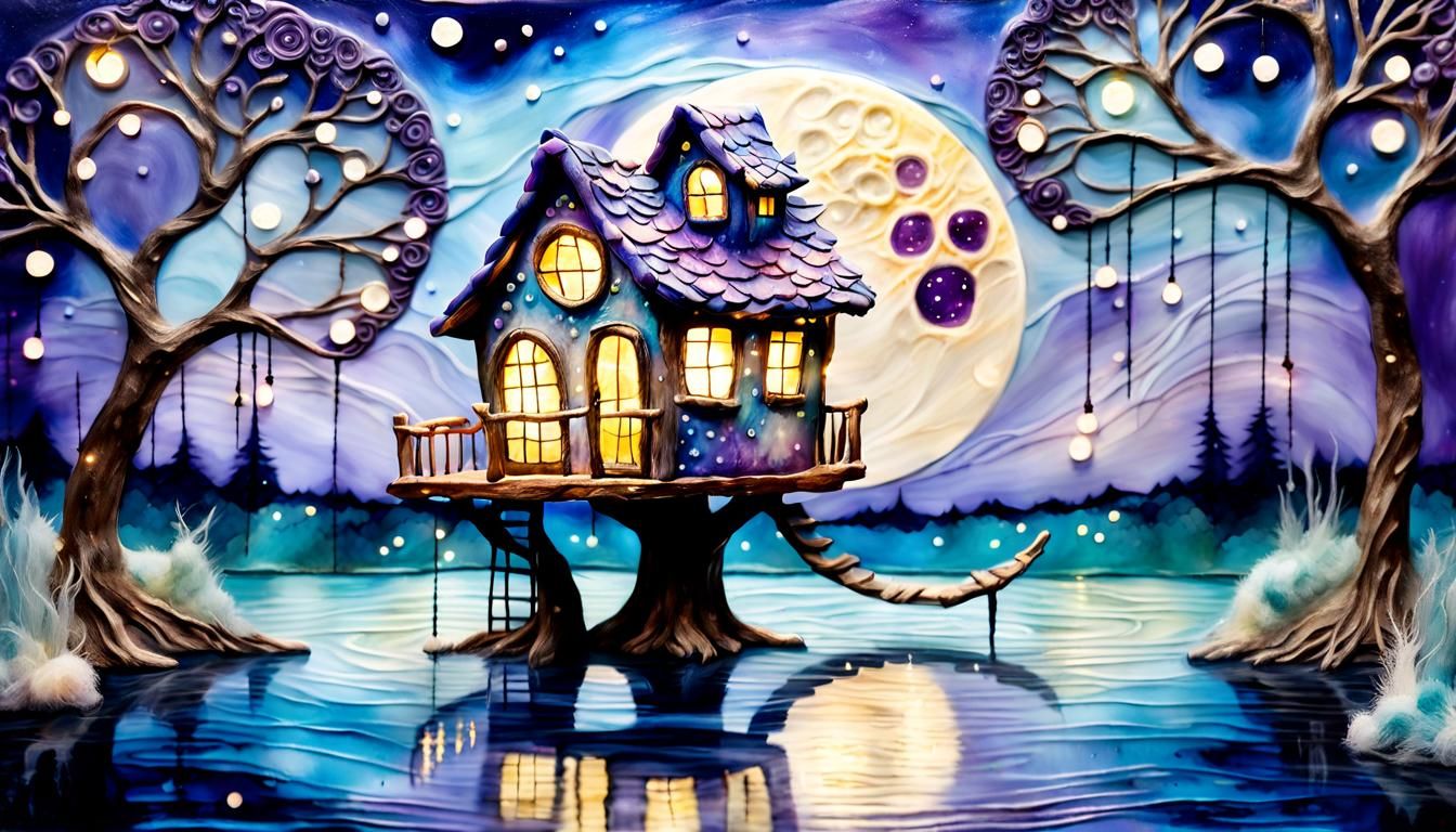 Magic Creature in Moonlit Treehouse: Encaustic Fantasy