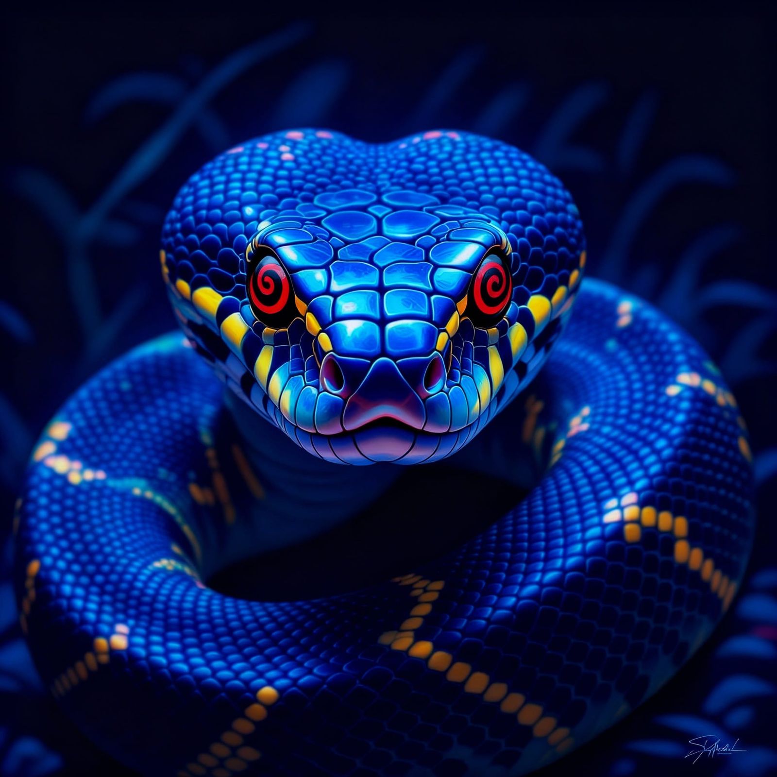 Hypnotized Python with Colorful Eye Rings