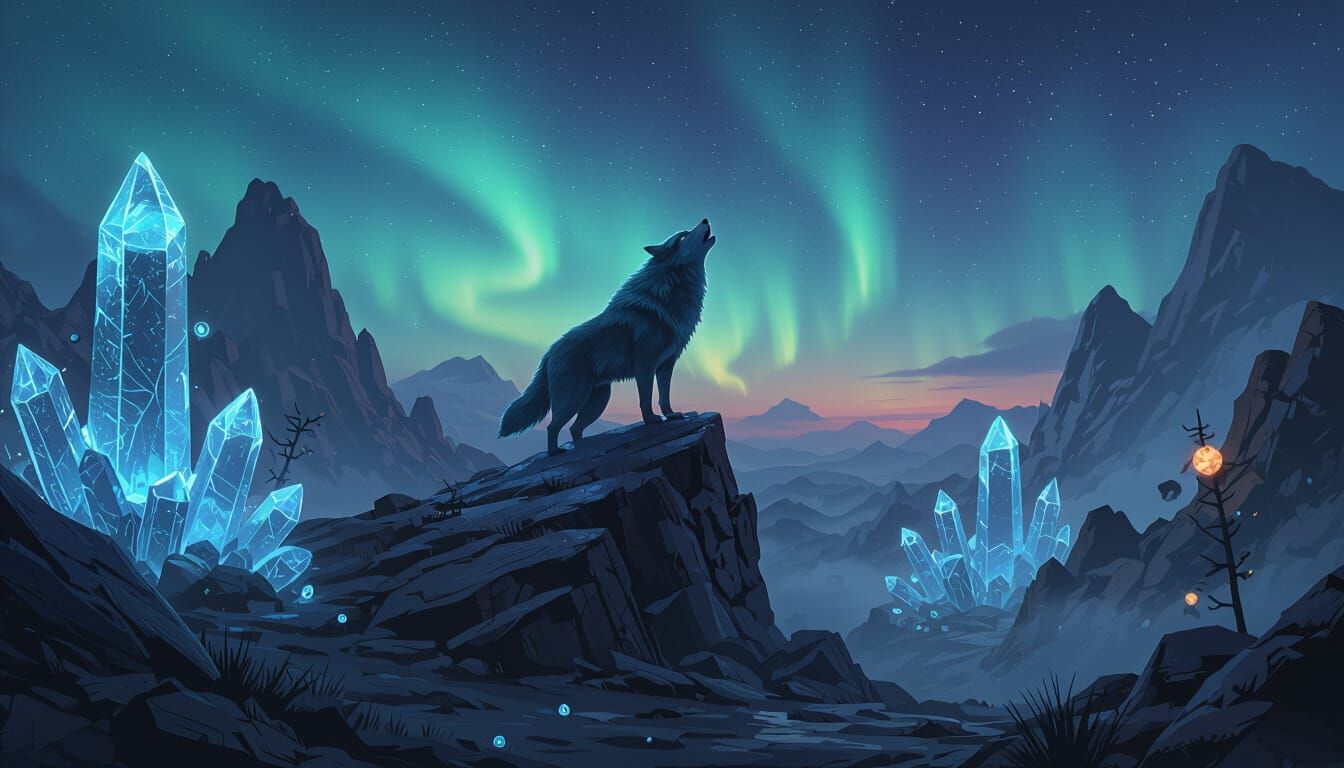 Bioluminescent Wolf Howling Under Alien Aurora Borealis