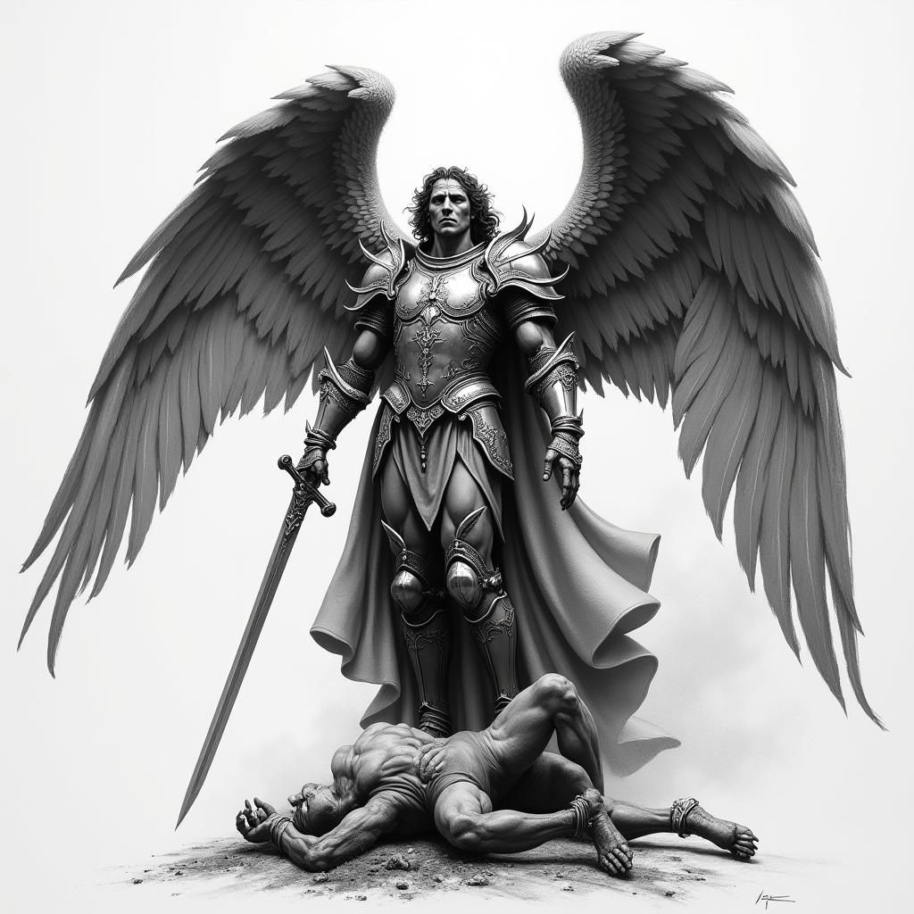 Saint Michael Defeats Devil in Charcoal Drawing